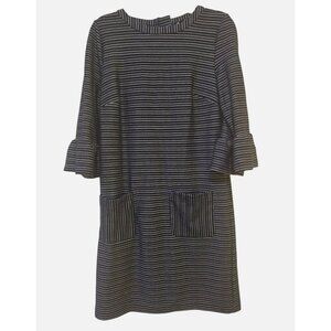 Tu Navy White Striped Tunic Midi Dress Flounce Sleeve Front Pocket Size 8